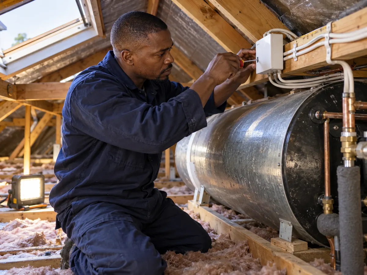 Electrician installing a solar geyser controller beside a geyser in a roof space